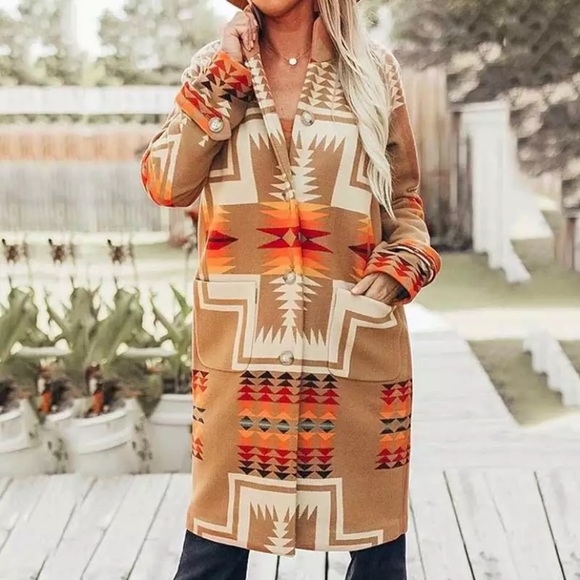 Western Boho Tribal Camel Button Up Peacoat Coat - Picture 2 of 7